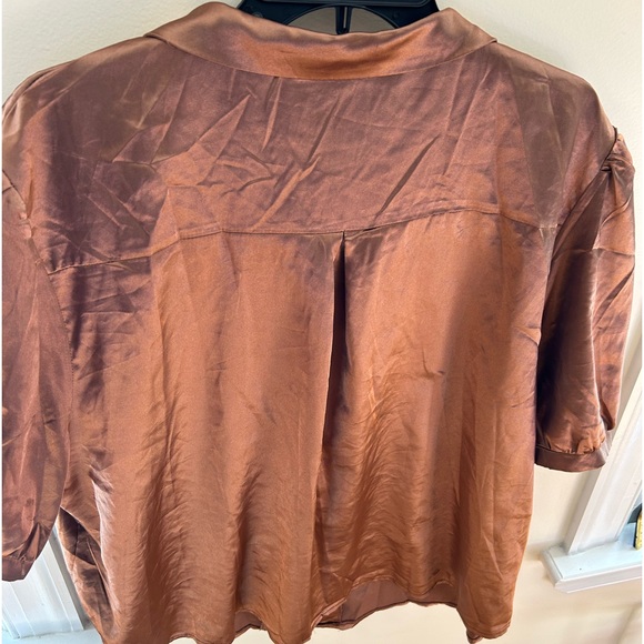 SHEIN PLUS SIZE CURVE Brown Faux Silk Short Sleeve Button Down Blouse - Picture 4 of 4